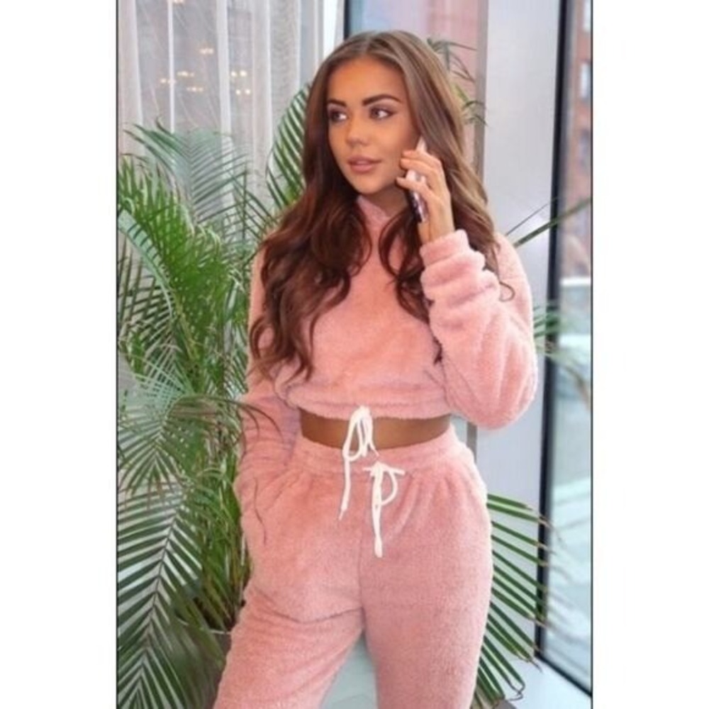 NWT Parisian Crop Sherpa Hoodie Jogger Set Womens Pink Lounge Cozy Neutral Size8